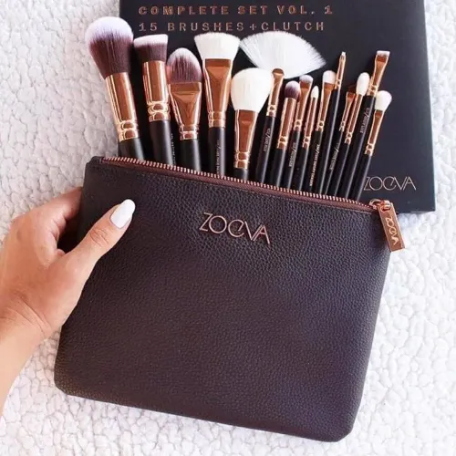 Makeup Brush Set 15 Pcs Travel Clutch Brown Rose G - Product Image