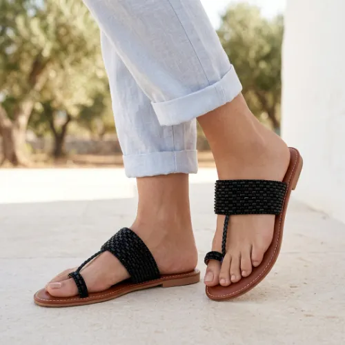 Womens Black Beaded Sandals Flat Casual