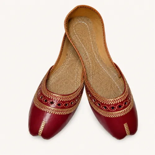 Maroon Khussas with Gold Beads for Women