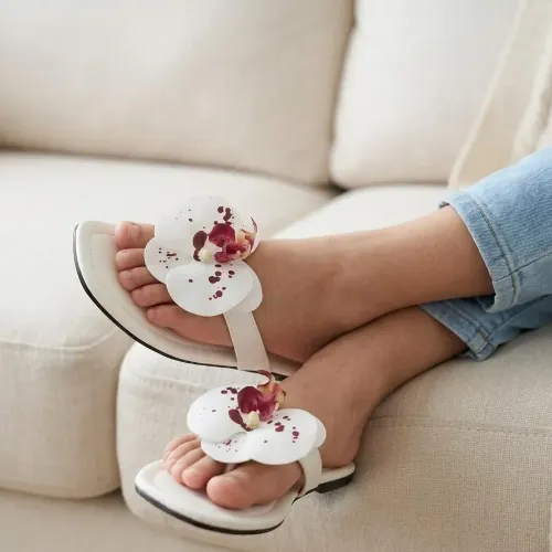 Womens White Floral Rexine Slippers