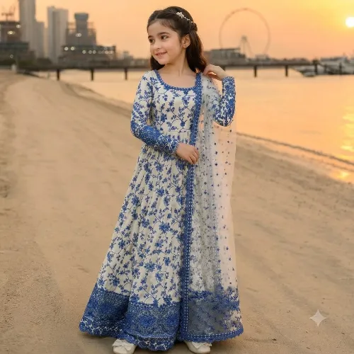 3 Pcs Girls Lawn Printed Frock And Trouser Set