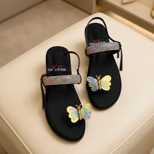 Women Butterfly Rhinestone Flat Sandals Black