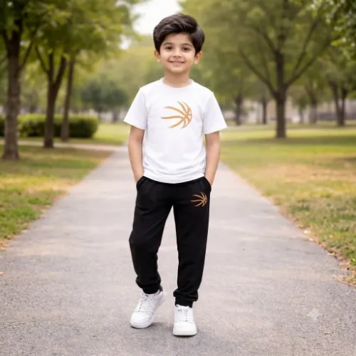 Kids Printed Tracksuit Set White Black Cotton 