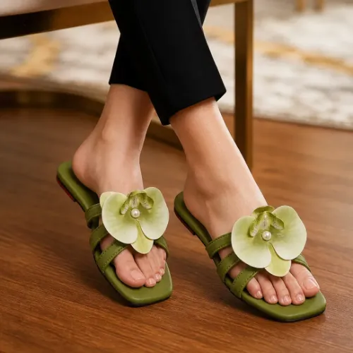 Green Floral Olive Slip On Sandals for Women
