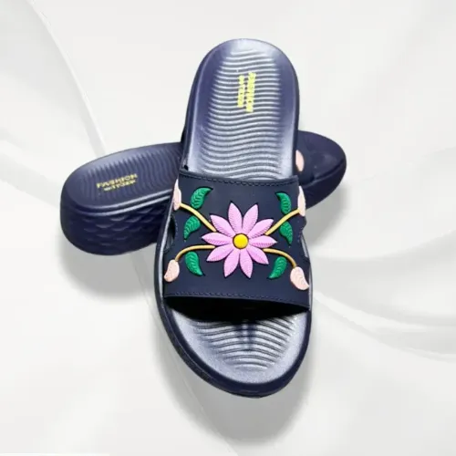 Womens Blue Floral Rexine Slides Comfortable