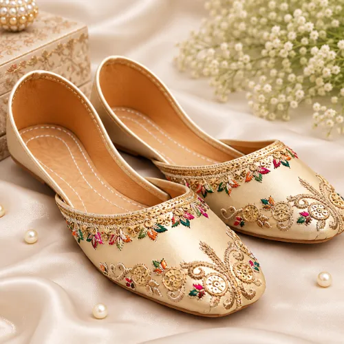 Velvet Khussas for Women Beige Thread Work
